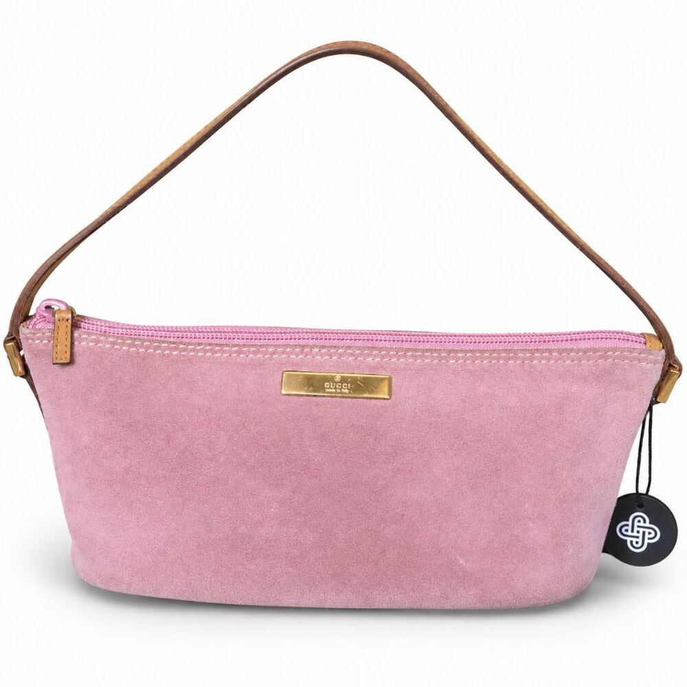 Vintage Gucci Pink Suede Shoulder Bag Tan Leather Gold Hardware Italy Authentic